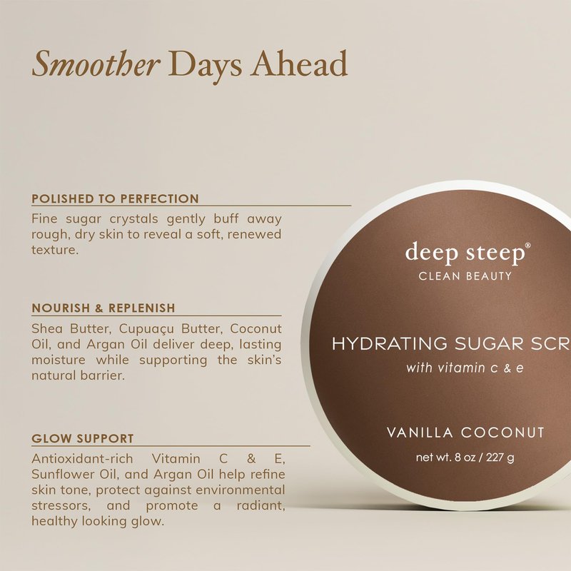 Deep Steep Sugar Scrub, Pure Coconut, 8 oz – Exfoliating Body Scrub with Organic Coconut Oil, Shea Butter & Argan Oil – Vegan, Clean Beauty, Smooth, Soft & Nourished Skin