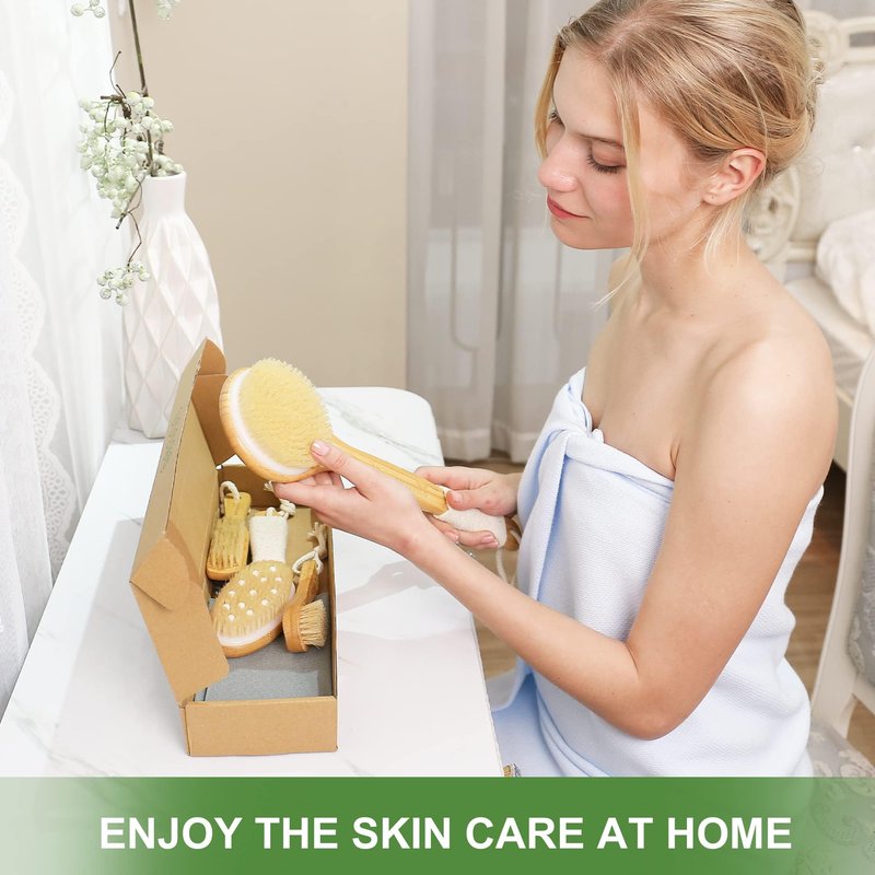 AIFEIVICO Dry Brushing Body Brush, Natural Boar Bristle Dry Brush, Bamboo Exfoliating Body, Face, Foot, Long Handle Back Scrubber Brush, Meridian Pressure for Lymphatic, Cellulite