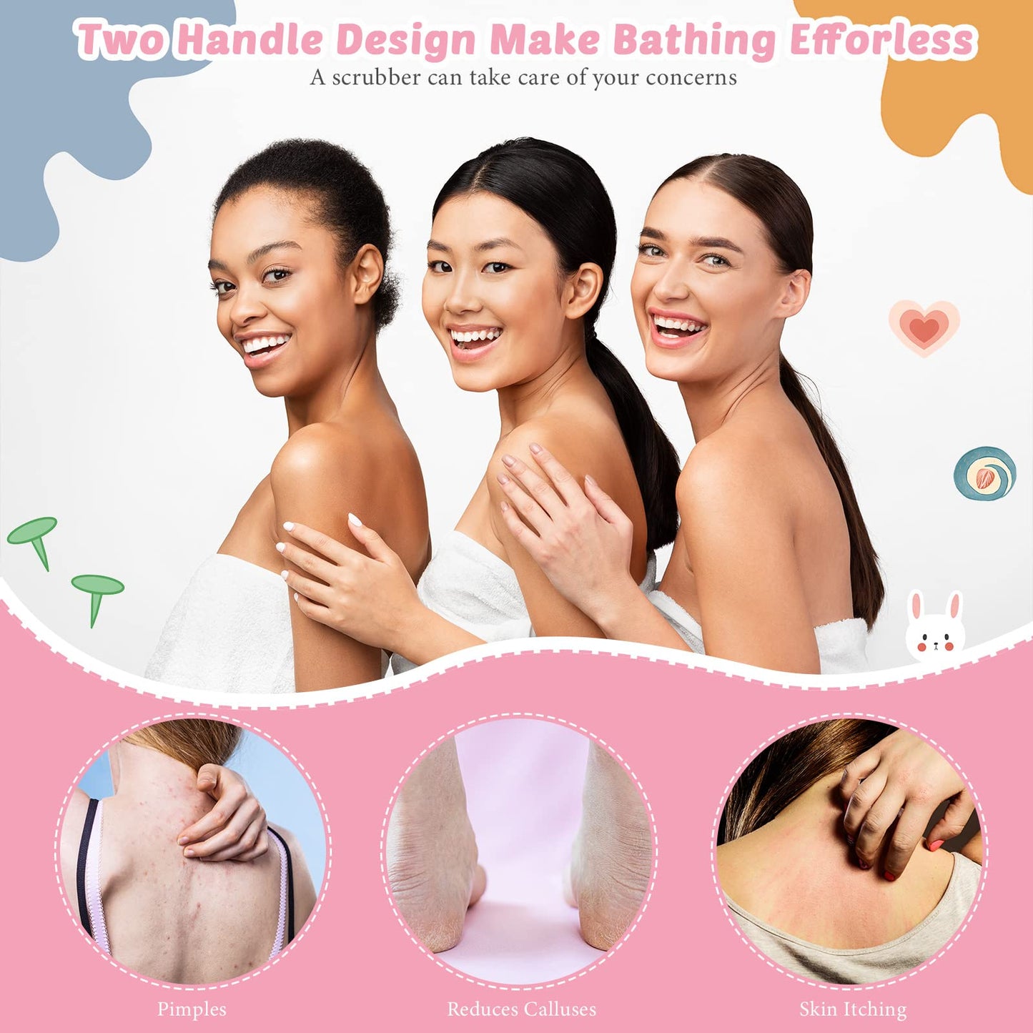 4 Pack Exfoliating Washcloth Back Scrubber Set, 2 Exfoliating Body Scrubber Nylon Back Body Scrub Towel, 2 Pairs Shower Gloves for Women Men Bath Shower Exfoliation(Pink, Purple)