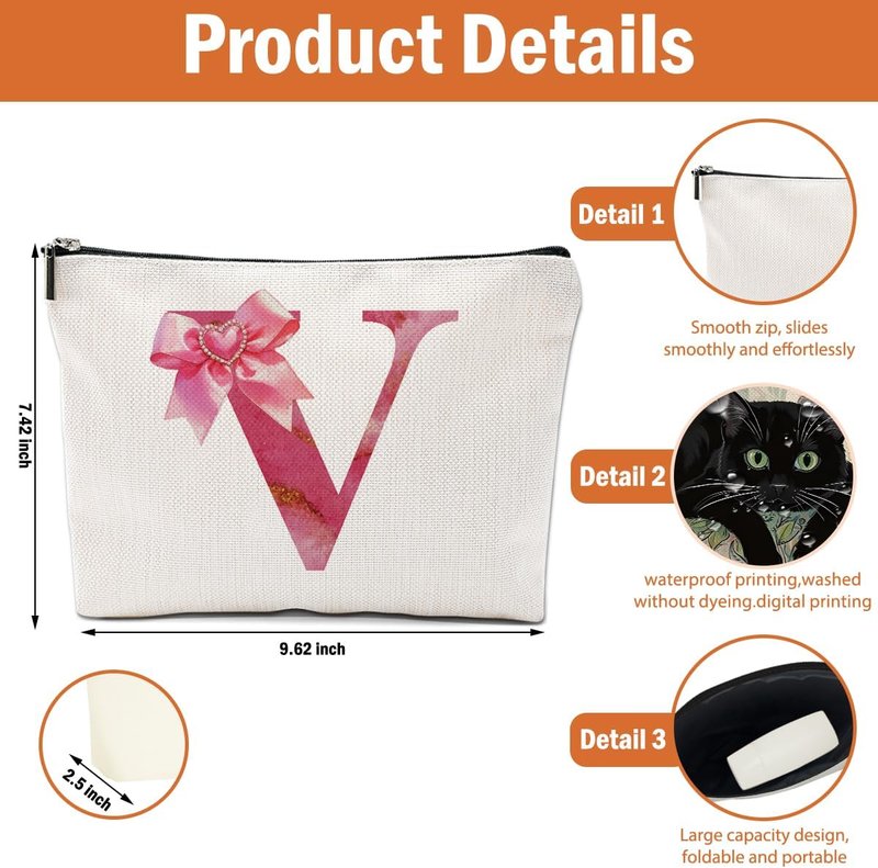 Personalized Initial Makeup Bag - Cute Monogram Bow Travel Toiletry Organizer | Pink Cosmetic Pouch for Women & Girls