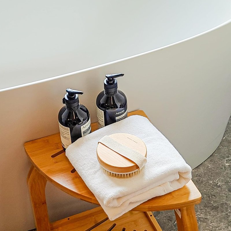 Bamboo Corner Shower Stool - Waterproof Bath Bench Seat with Storage Shelf | Holds Up to 450 lbs