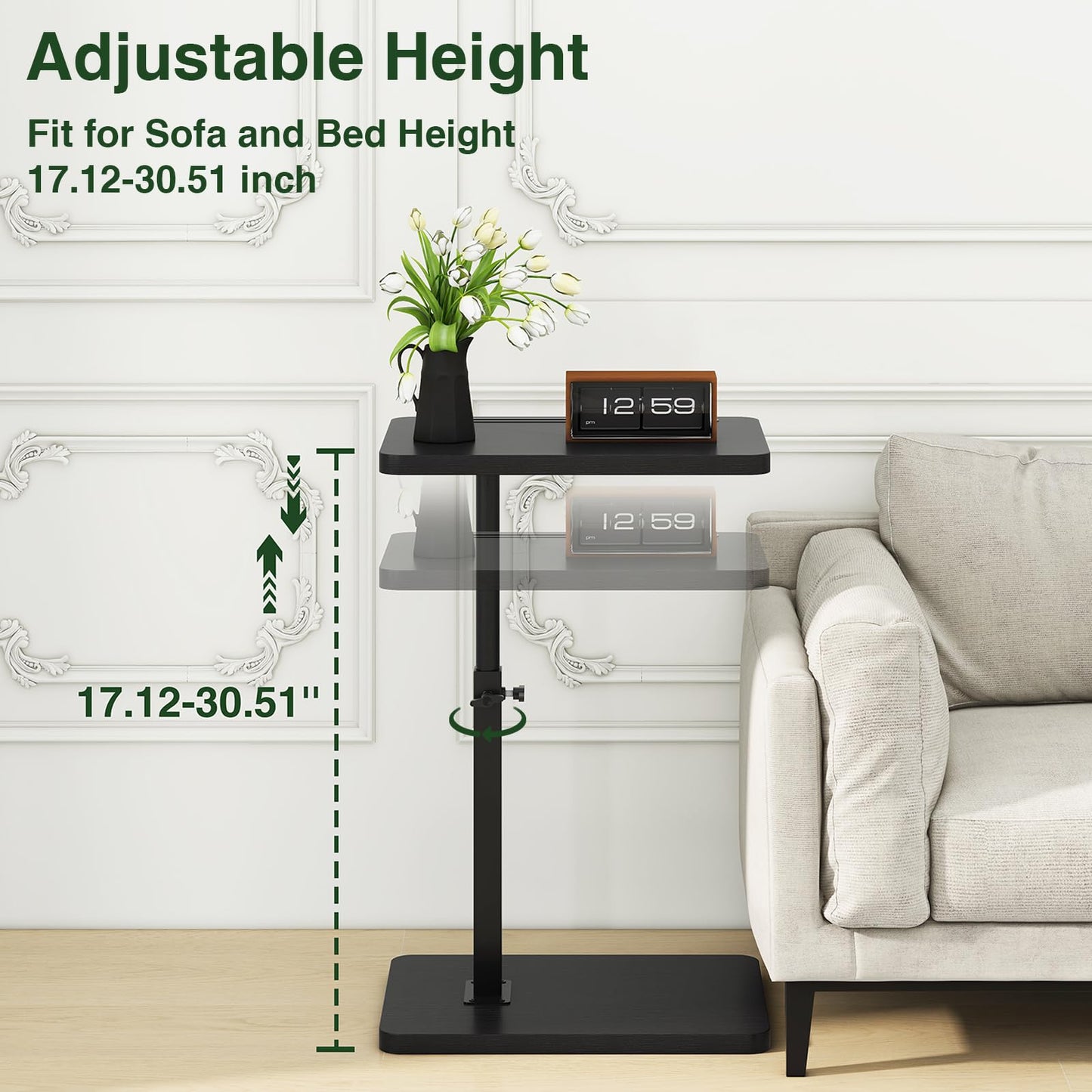 IBUYKE C Shaped Side Table, 360° Swivel Height Adjustable End Table for Small Spaces, with Phone & Tablet Slot, Modern Small Coffee Snack Table for Sofa/Bed, Black UTVT003B
