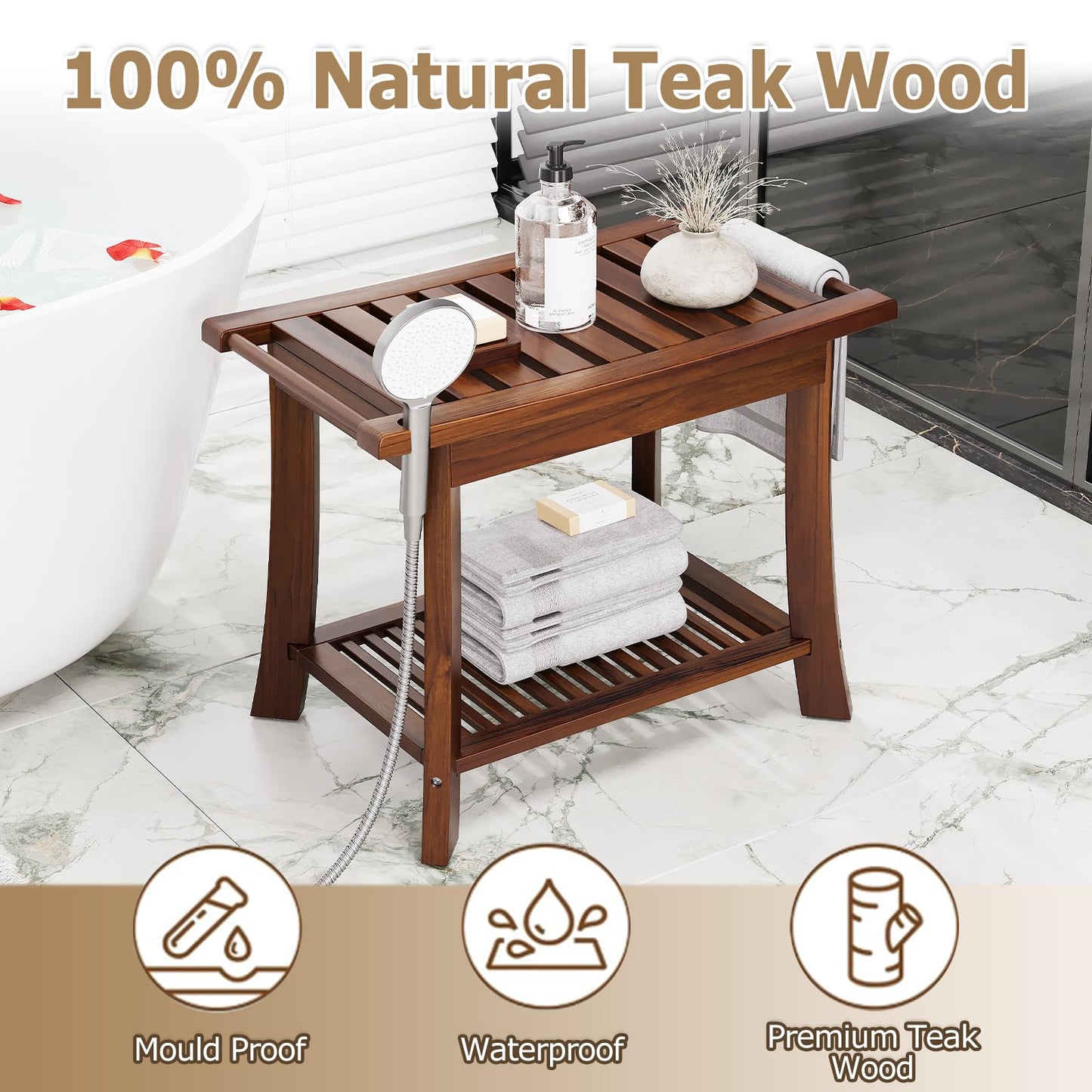 Teak Shower Bench, 23.6 Inch Teak Shower Stool 300lbs Wood Shower Chair Seat with Storage Shelf Towel Rack for Bathroom Indoor and Outdoor Use