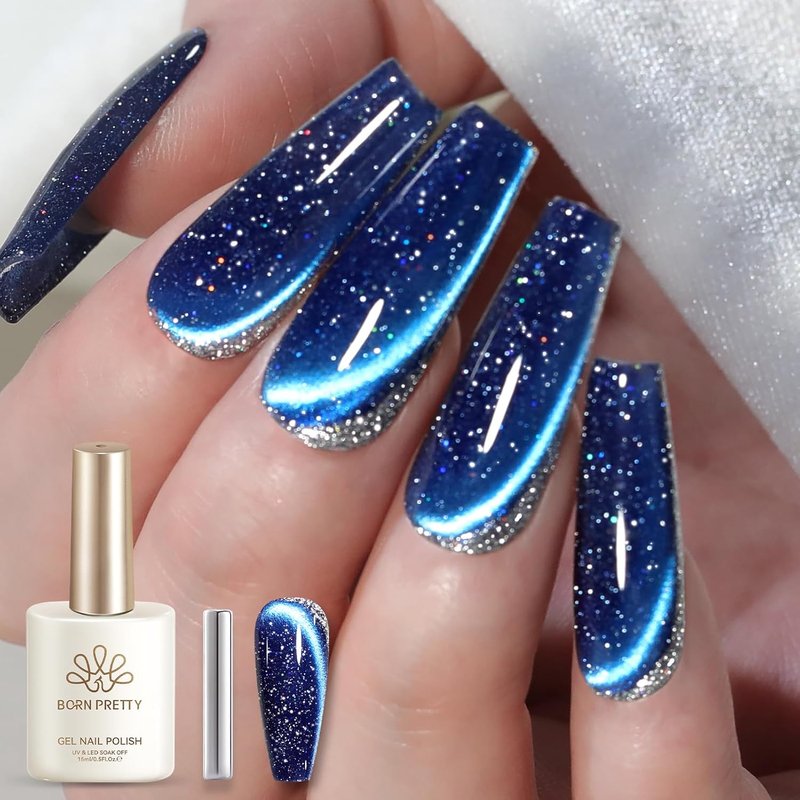 Born Pretty Galaxy Glitter Blue Crystal Cat Magnetic Eye Gel Nail Polish,Reflective Blue Glitter Sparkly Shiny Disco DJ Magnetic Gel Polish for Party,Holiday & Vacation Travel,15ML