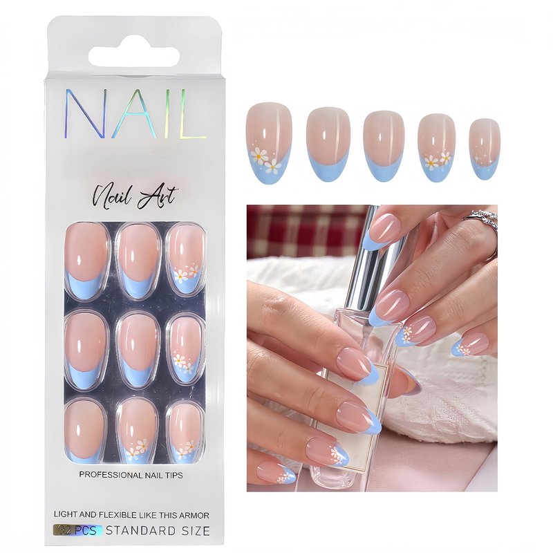 24 Pcs Press On Nails Short Almond, Nude Pink French Tip Fake Nails with Blue Tips & Daisy Design, Glossy Jelly Finish Stick On Nails Set for Women Girls DIY Nail Art
