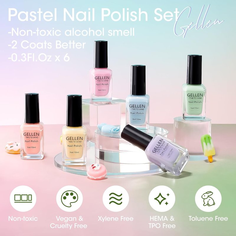 GELLEN Pastel Nail Polish - Quick Air Dry Non-Gel Formula | 6-Color Macaron Set for Finger, Toe & Fake Nails