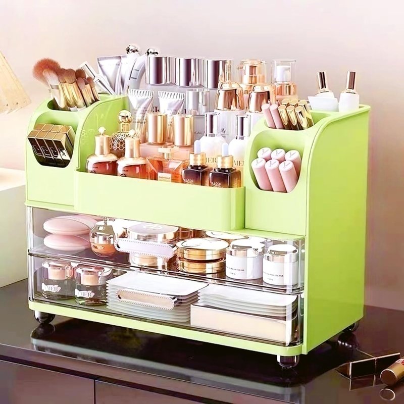 Makeup Organizer with Drawers - Vanity & Bathroom Countertop Storage for Brushes, Skincare & Cosmetics | Green