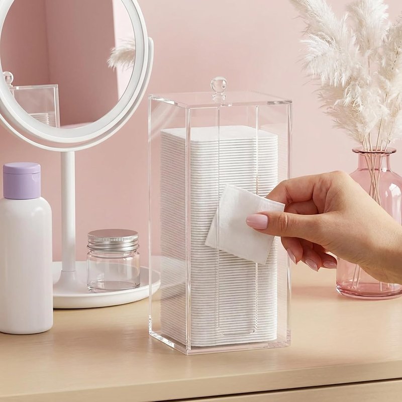 Clean Skin Club Acrylic Cotton Pad Dispenser - Vertical Storage Box with Lid for Easy Access