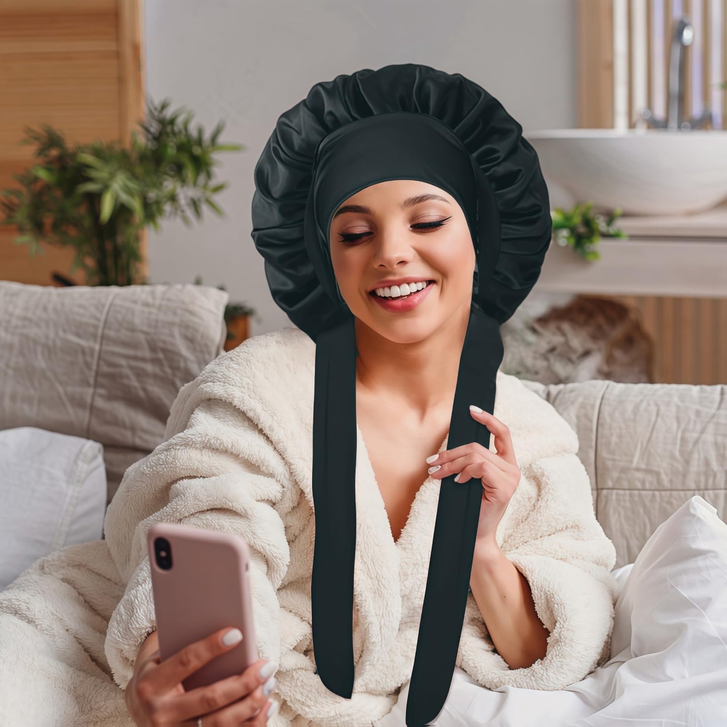 VECIIR Silk Bonnet for Sleeping Women, Ajustable Hair Bonnet for Curly Hairs Satin Bonnet Reduce Friction Prevent Frizz Black，Large