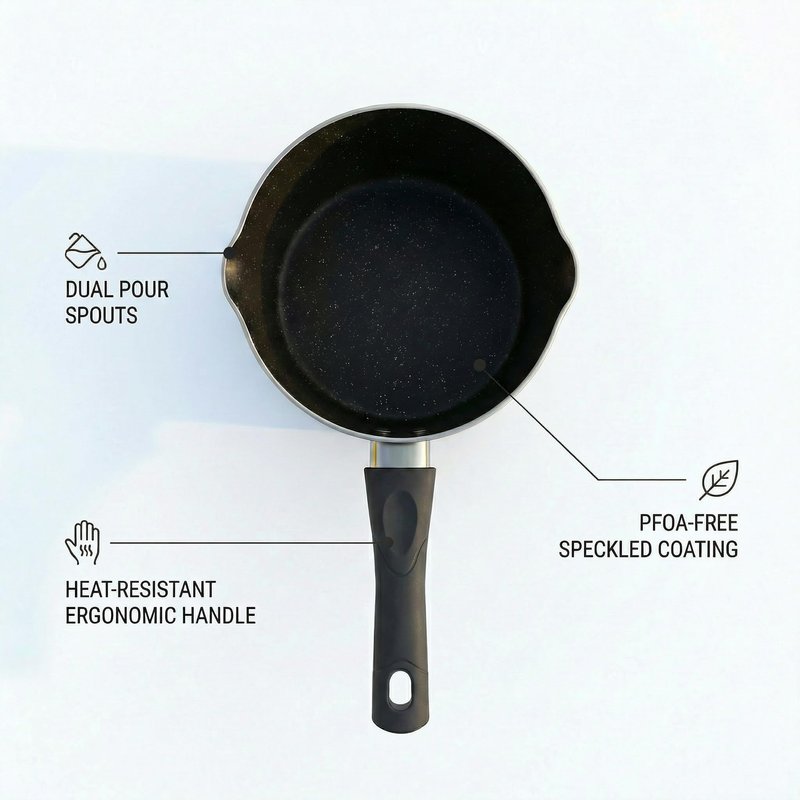 FryNest Heavy Gauge Nonstick Milk Pan 5 Inch with Double Pour Spouts, Small Aluminum Pouring Saucepan for Heating Milk, Butter and Sauces, Bakelite Handle, Compact Stovetop Pot (NOT INDUCTION)