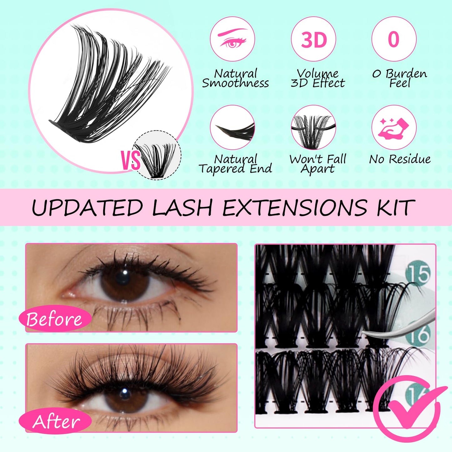 Wispy Lash Extension Kit 238Pcs Lash Clusters Kit Eyelash Extensions 9-16MM Individual Lashes Extensions with Bond and Seal Remover Tweezers DIY at Home by FADVAN (80D, 0.07D, 9-16mm)