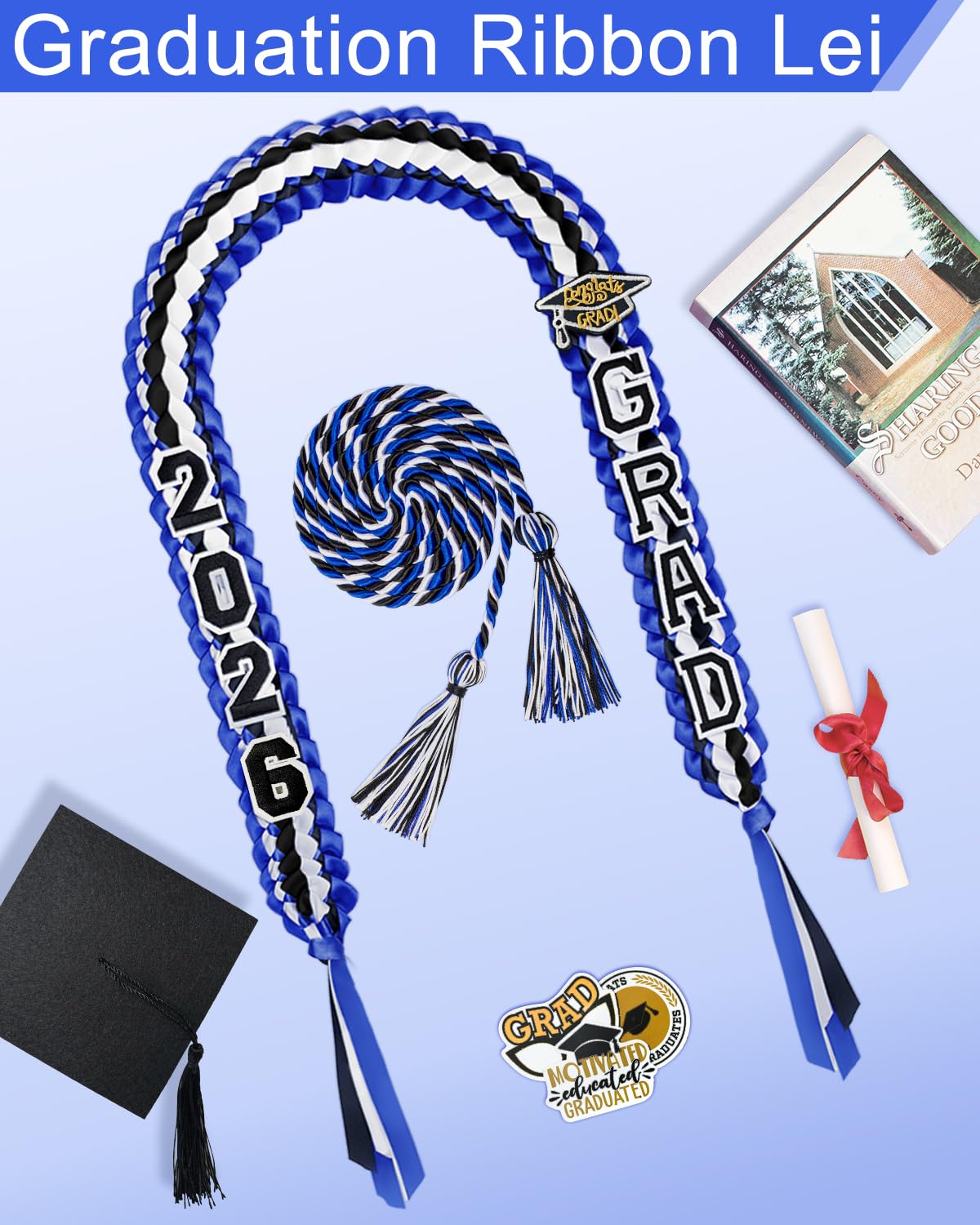 Yigney Graduation Lei Set Class of 2026 Grad Ribbon Leis with Honor Cord Double Braided Graduate Leis for Men Women Blue Black White