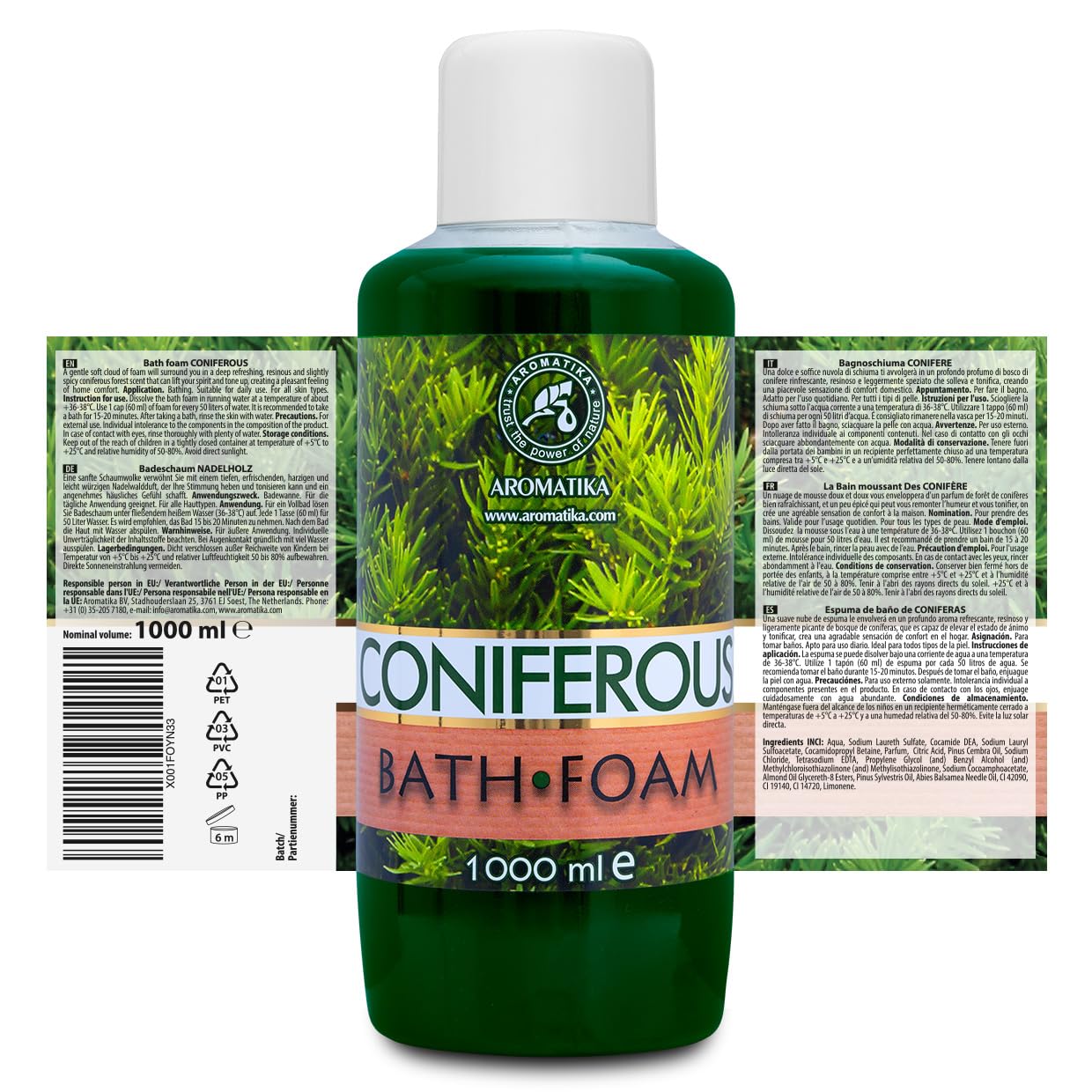 Bath Foam Coniferous 34 oz - Bubble Bath with Swiss Pine Essential Oil for Bath Soak - Relaxing Bath - Aromatherapy Foaming Bath - Coniferous Bath - Good Sleep - Bathing - Body Care - Wellness