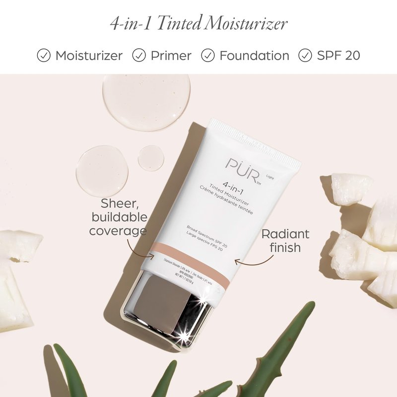 PÜR MINERALS 4-in-1 Tinted Moisturizer with SPF 20 - Hydrating Skin Tint Face Moisturizer, Primer & Foundation with Shea Butter, Aloe Vera & Vitamin B3 - Vegan Friendly, Paraben Free (Bone)