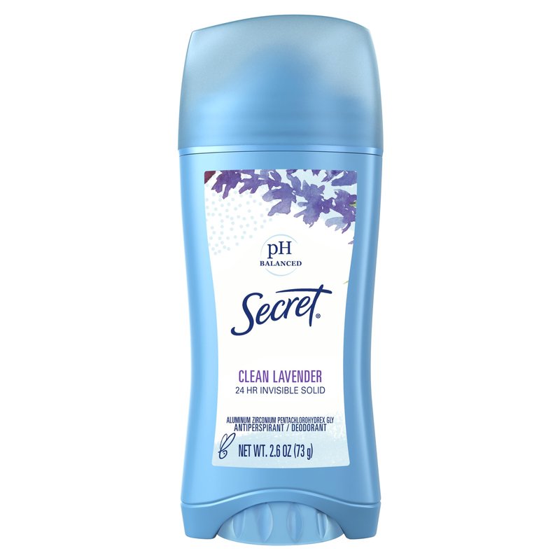 Secret Antiperspirant and Deodorant for Women, 24hr Sweat & Odor Protection, PH Balanced Protection, Gentle on Skin, Invisible Solid, Clean Lavender Scent, 2.6 oz