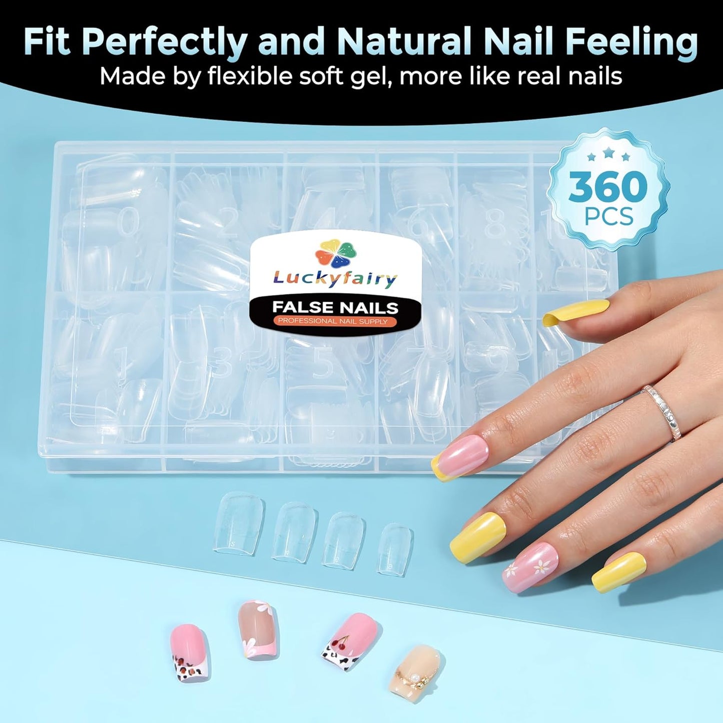 Skiennix Short Square Nail Tips - 360Pcs Full Cover Press-On Acrylic Nails | Half Matte Clear, 12 Sizes