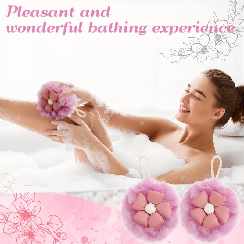 Afarnook 2 Pack Cute Flower Loofah for Women, Bath Loofah Sponge, Mesh Pouf Flower Body Scrubber, Exfoliating Shower Sponge, Bath Scrubber for Sensitive Skin in Beauty Bathing Accessories(Pink)