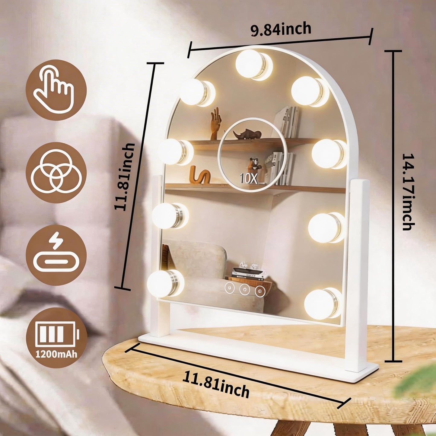 SLIMOON Arched Makeup Vanity Mirror with LED Lights Makeup Mirror Detachable 10X Magnification, Hollywood Make Up Mirror with Lighting, Smart Touch, Rechargeable,360° Rotation,White 14.17"x 11.81"