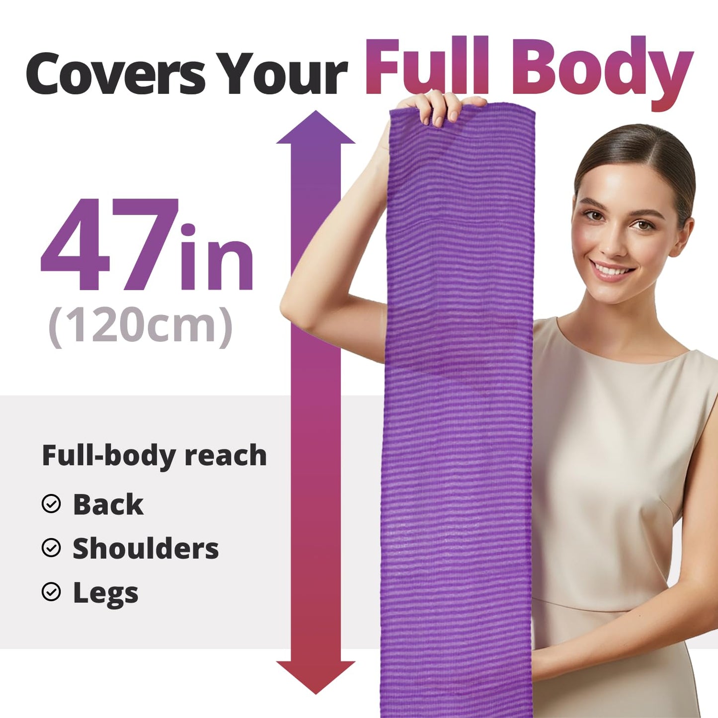 aisen Japan - Gentle Exfoliating Shower Towel, Ultra-Soft Japanese Nylon Body Scrubber, Long 47" Back Towel, Quick-Dry, Colorfast & Odor-Resistant, Made in Japan | Home & Spa (Purple)