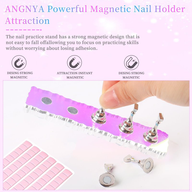 ANGNYA 2 Set Nail Stand, Aurora Nail Holder for Painting Nail Stand for Press on with 96 Pcs Removable Mounting Tapes Nail Display Stand Nail Hand Practice Magnetic Nail Art Tools for Homes and Salons