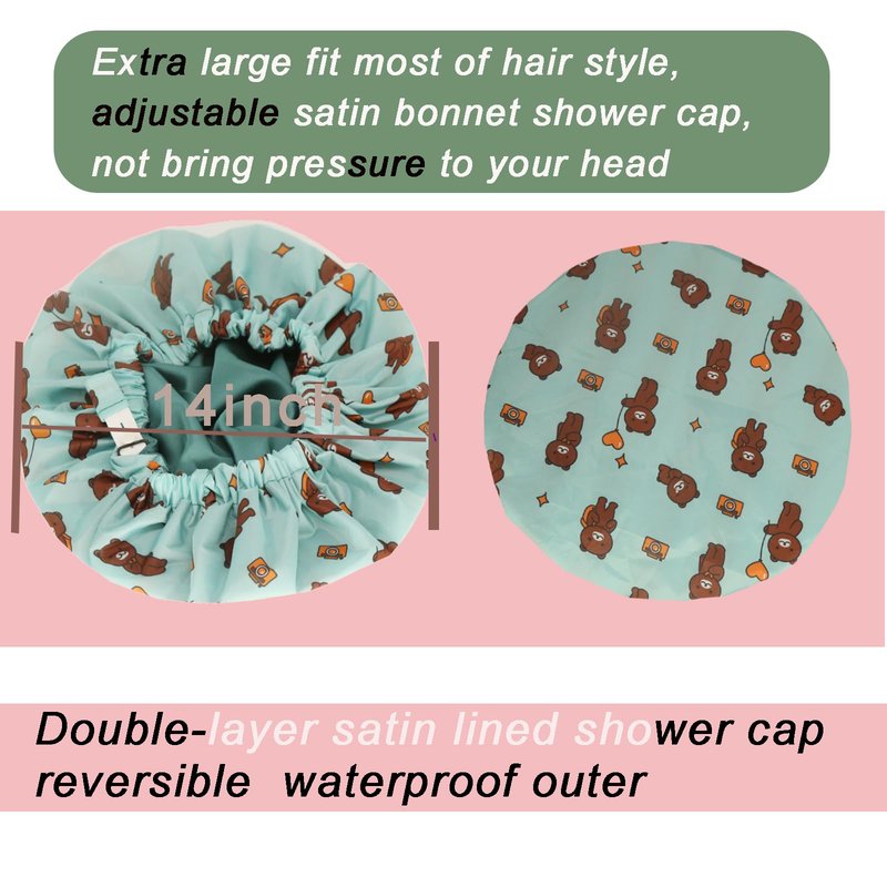 2Pcs Genergy Shower Cap Waterproof, Adjustable Shower Cap for Women Reusable, Luxury Extra Large Shower Caps, Extra Large &Double Layers &Reversible Satin Lined Bonnet(Pink+ Green flower)