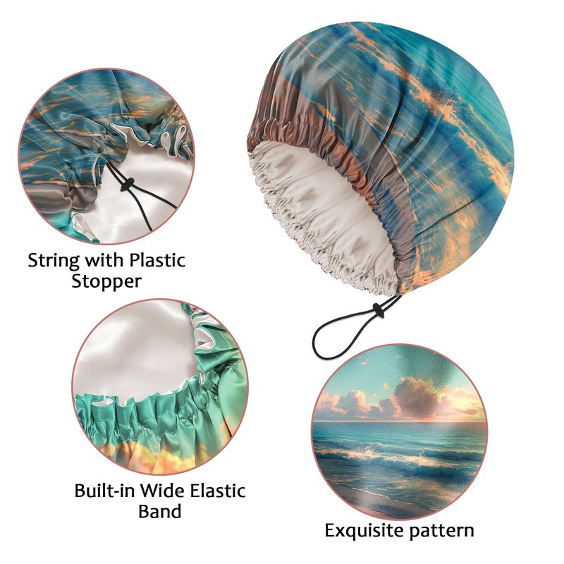 Cabreche Luxury Shower Cap Satin Silk Lined Adjustable Elastic Reusable Waterproof Shower Bath Cap Cute for Women Girls-Beach