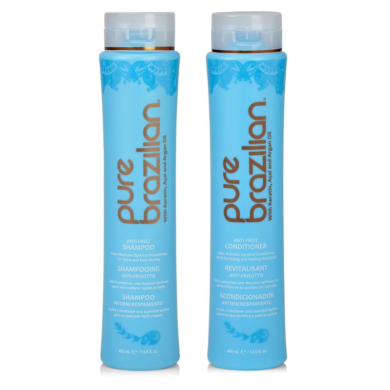 Pure Brazilian Anti-Frizz Daily Shampoo & Conditioner, Salt-Free & Color Safe, Enriched with Keratin, Argan Oil & Acai, 13.5 Ounce (400 Milliliter)