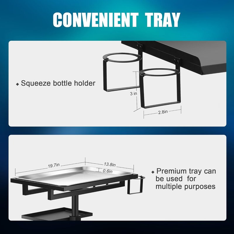 POARMEEY Stainless Steel Tattoo Tray - Adjustable Height Rolling Workstation for Salon & Spa