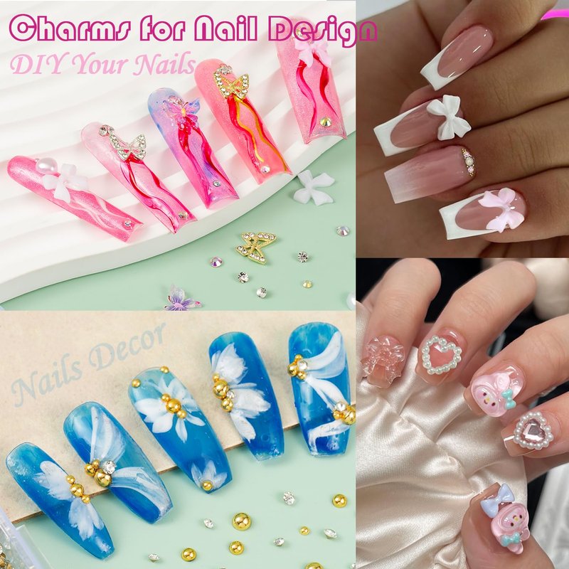 Nail Charms & Gems Kit - 10,000 Pcs Pink Bow, Heart & 3D Flower Charms | Gold Butterfly & Rhinestones for Nail Art