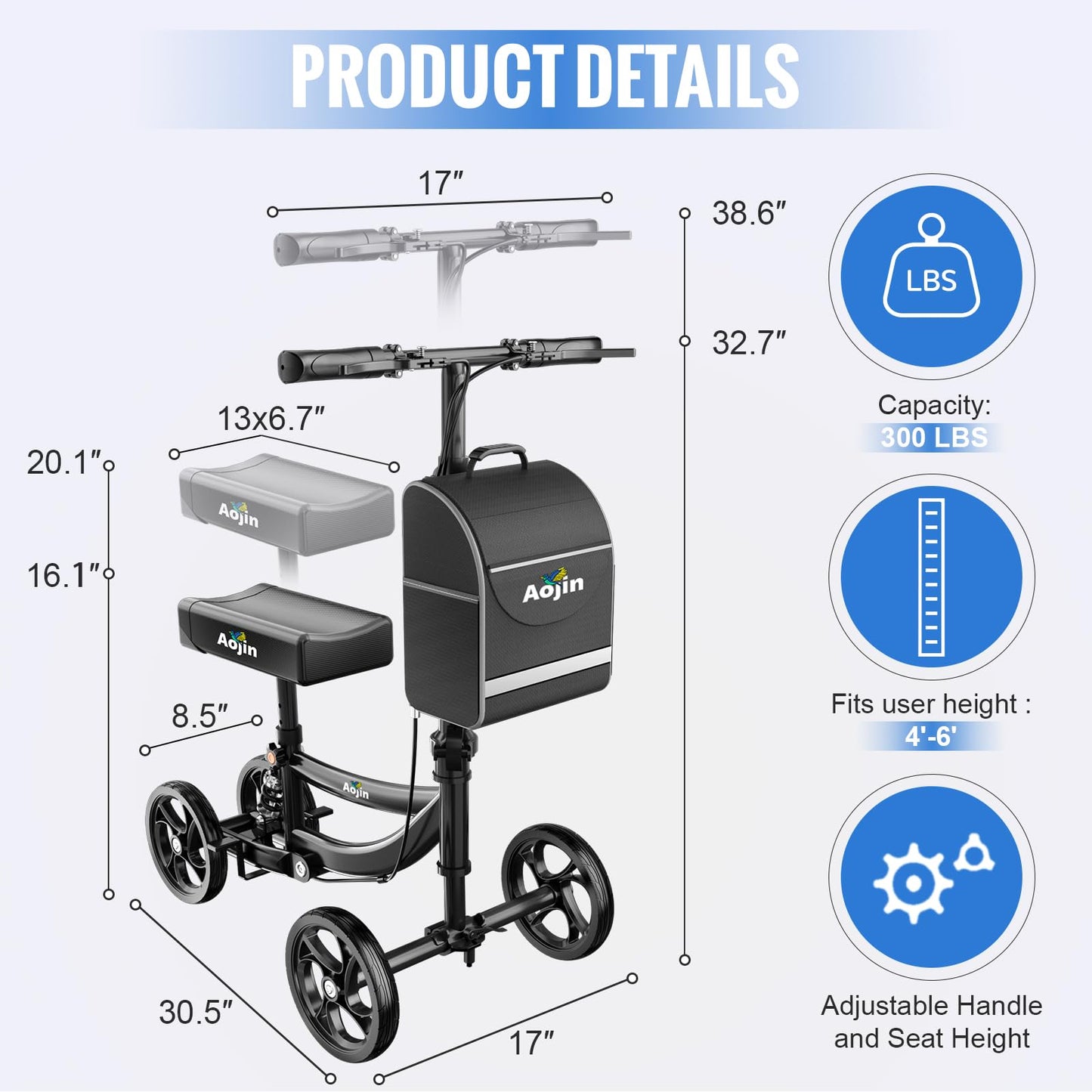 Aojin Knee Scooter for Adults for FootInjuries, 300lbs Capacity, All Terrain Foldable Knee Scooter Walker with Bag, 13" Wide Pu Seat, Compact Crutches Alternative (Black)