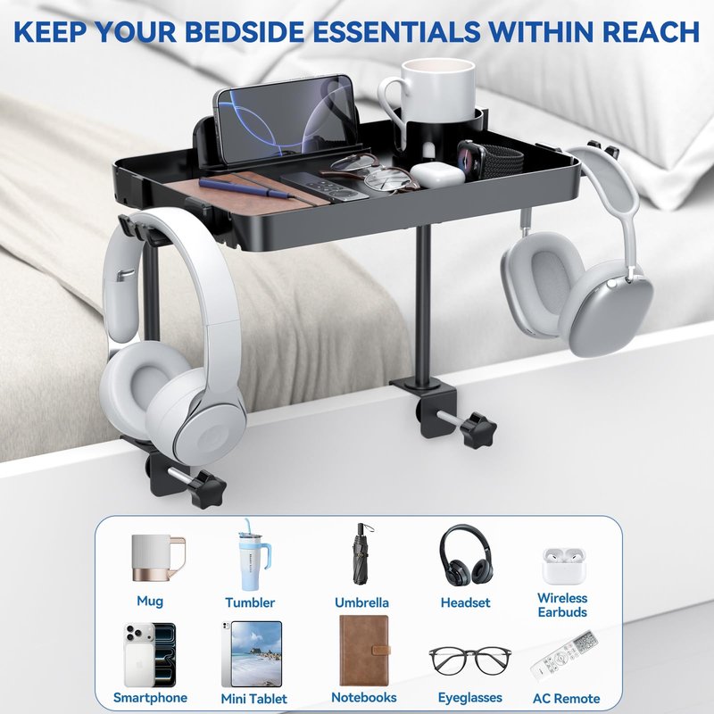 Bedside Shelf Bunk Bed Shelf for Top Bunk Clip on Bedside Table Tray Loft Nightstand Attachable Bedside Table Cup Holder Headboard Organizer Attachment 2 Height College Dorm Room Bed Accessories Black