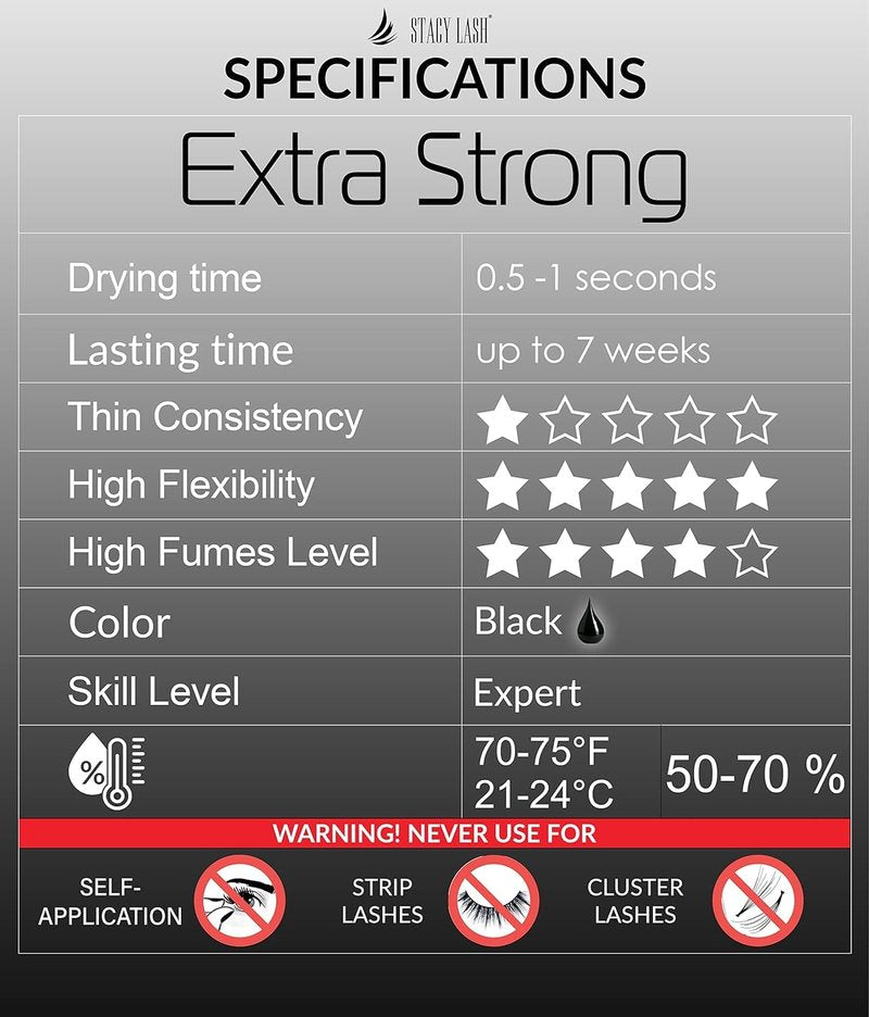 Extra Strong Eyelash Extension Glue Stacy Lash (0.34 fl.oz / 10 ml) / 0.5-1 Sec Dry/Retention – 8 Weeks/Black Adhesive