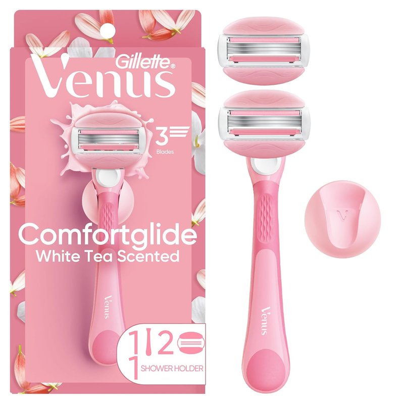 Gillette Venus ComfortGlide Razor for Women, White Tea Scented Gel Bars, Includes 1 Reusable Razor Handle + 2 3-Bladed Razor Refills, Women's Razor with Built-in Shave Gel Bars