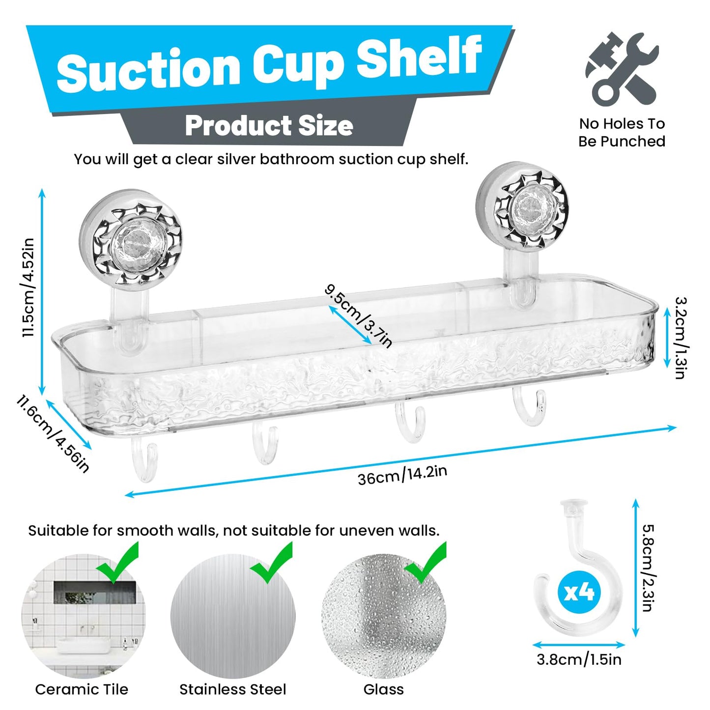 LELE LIFE Suction Cup Shower Caddy - Acrylic Shower Organizer Large Removable Bathroom Shelf, Powerful Suction Basket Bathroom Storage Rack with 4 Hooks, Clear
