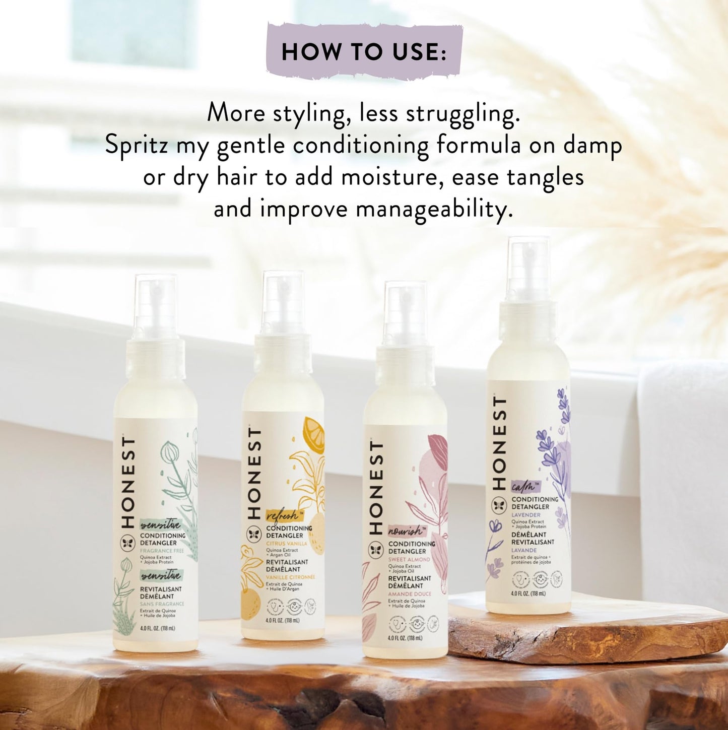 The Honest Company Conditioning Hair Detangler, Leave-In Conditioner and Fortifying Spray, Tear Free, Cruelty-Free, Hypoallergenic, Lavender Calm, 4 Fl Oz