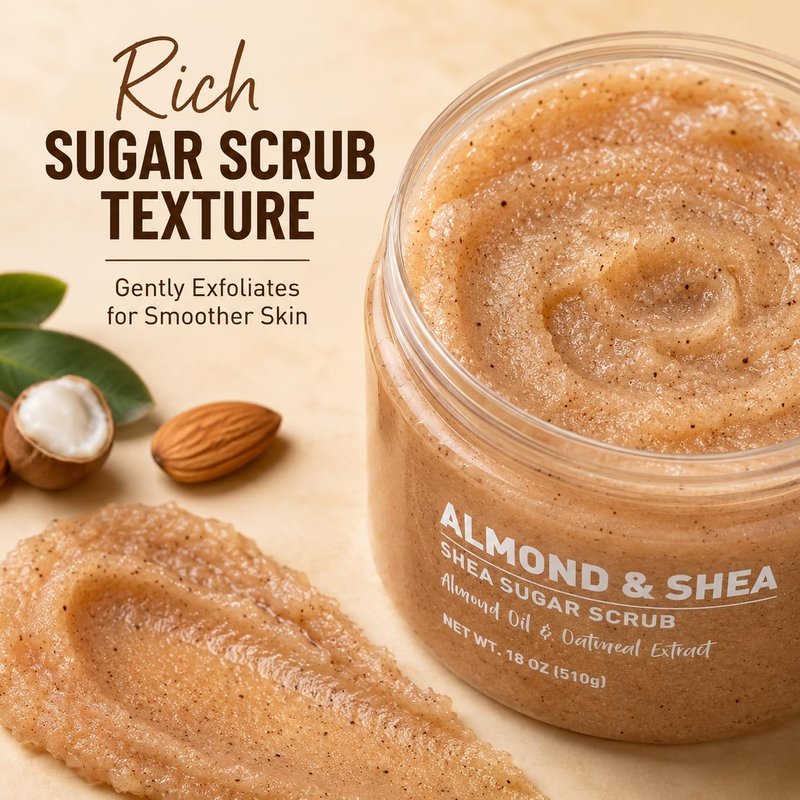 Veloura Shea Sugar Body Scrub with Almond & Shea Butter – Exfoliating Sugar Scrub for Body, Moisturizing Body Exfoliator for Dry & Dull Skin, Smooth Radiant Glow – 18 oz