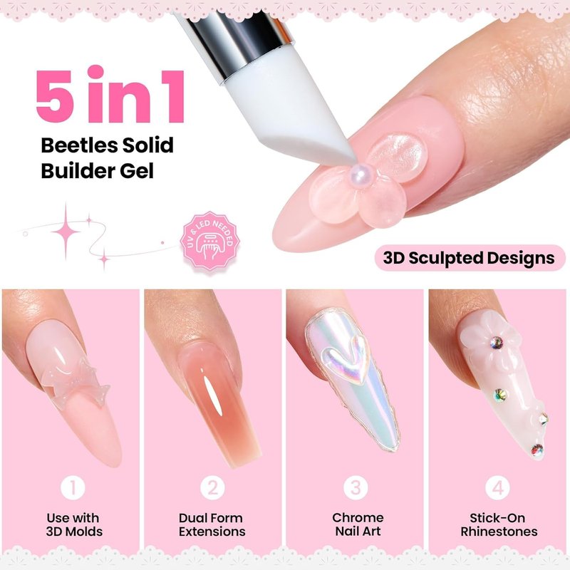 Beetles 3D Gel Nail Art Kit - 5-in-1 Non-Sticky Builder Gel with Dual-Ended Sculpting Pen | Clear & Pink