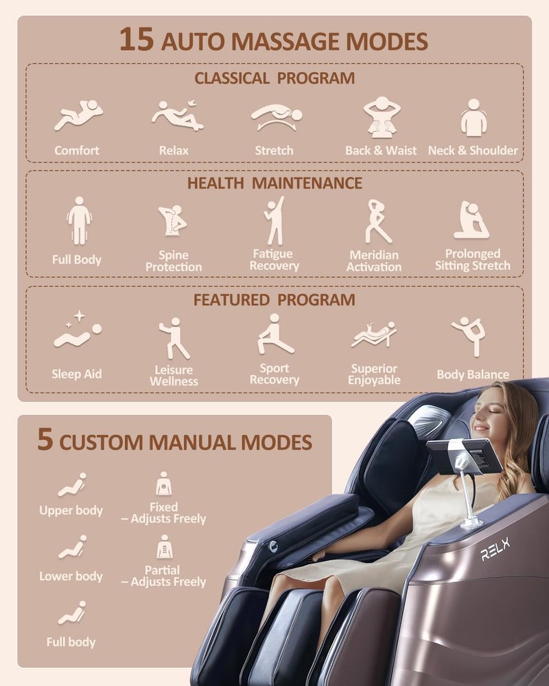 RELX Full Body Massage Chair - 20 Modes, Zero Gravity, Shiatsu with Heat & AI Control | Brown