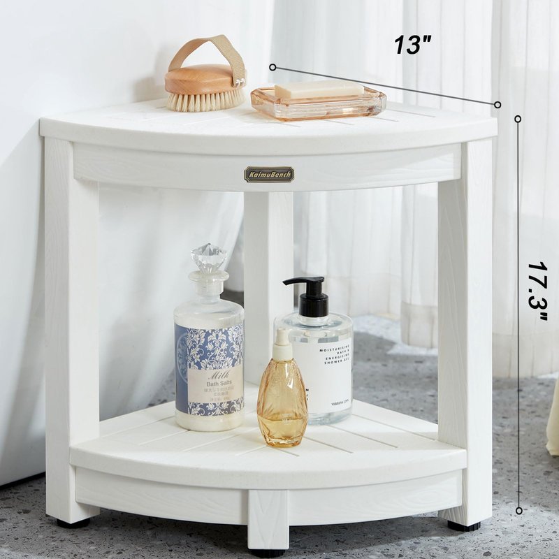 KaimuBench Corner Shower Stool for Inside Shower Waterproof, Poly Lumber Bathroom Shower Corner Bench Seat, Plastic Shower Chair Seat, Shower Shaving Foot Rest with Adjustable Feet, Non-Slip, White