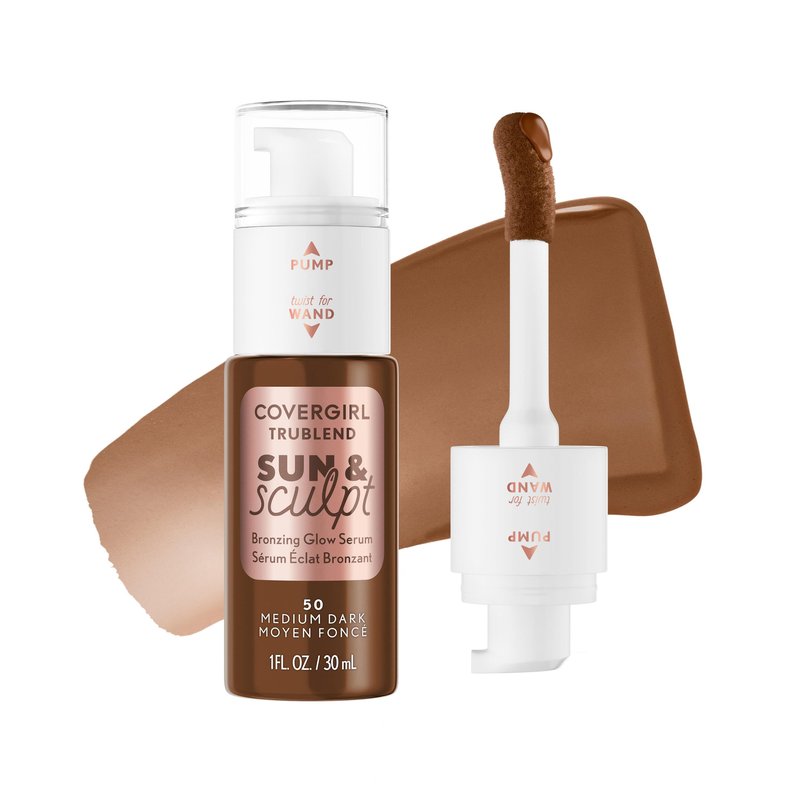 COVERGIRL TruBlend Sun & Sculpt Bronzing Glow Serum, Buildable, Radiant Glow, Wand and Pump Applicator - 50 Medium Dark