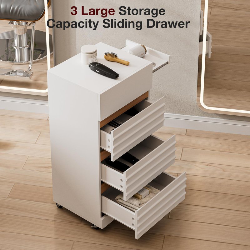 Belandi Salon Trolley Cart with Lockable Wheels, Rolling Hair Cart with 3 Dryer Holders for Hair Stylist, Wall Mount Makeup Organizer Stations Cabinet for Beauty Spa Barbershop Tattoo(White)