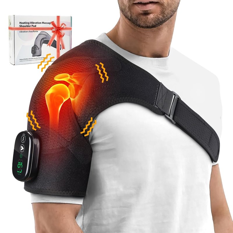 Cordless Portable Shoulder Heating Pad - Vibration Massager for Pain Relief | Adjustable Black Wrap for Rotator Cuff Support