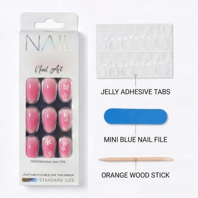 Pink Ombre Press-On Nails - Medium Almond 24 Pcs | Glossy Gradient Floral & Glitter Designs, Reusable Manicure Kit for Women & Girls