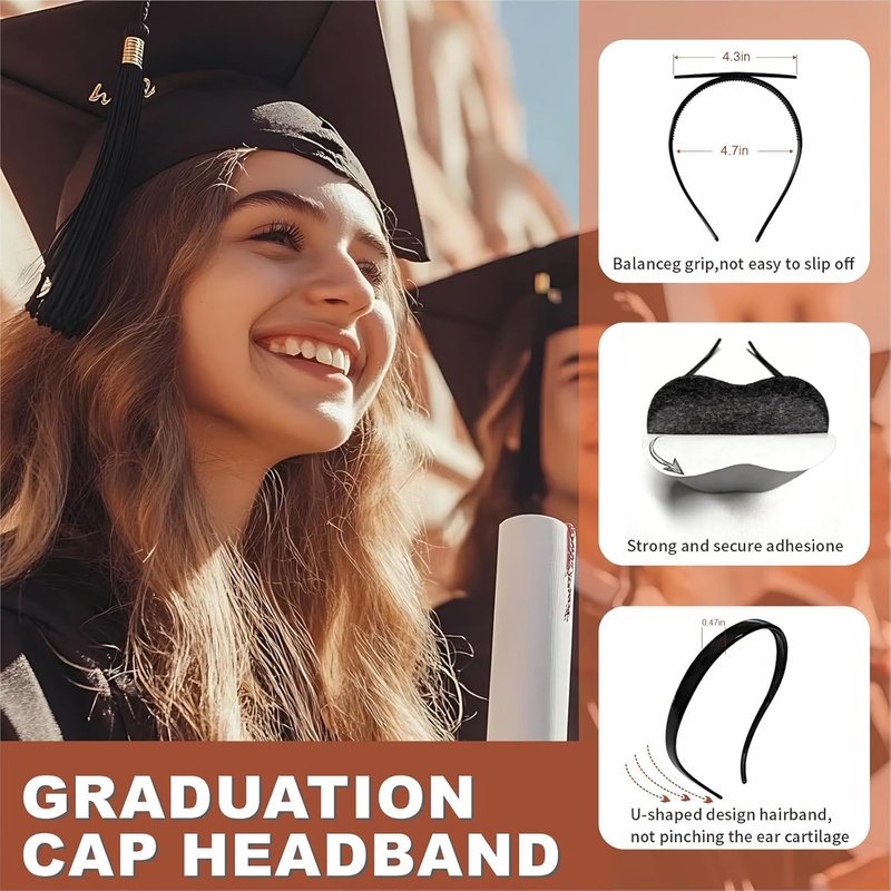 Cuteowl Graduation Cap Headband - Securely Holds Grad Cap While Maintaining Your Hairstyle | Black (1 Pack)