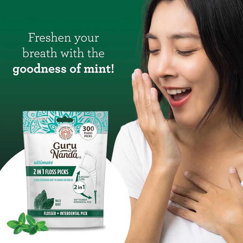 GuruNanda 2 in 1 Dental Floss Picks for Oral Care, PFAS Free – Non-Slip Grip, Slide Easy, No Break or Shred Flosser with Interdental Pick for Healthy Teeth & Gums – Mint Flavor, 300 Count (1 Pack)