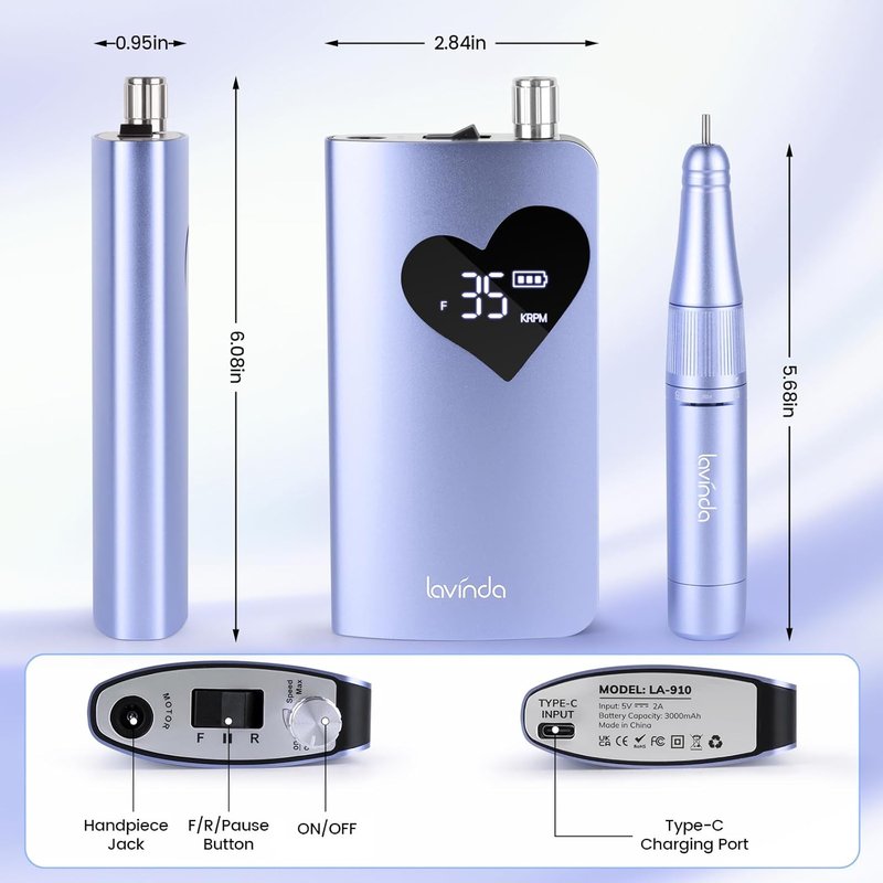 Lavinda Electric Nail Drill Machine - 35000RPM Cordless Rechargeable Efile for Acrylic Gel Nails | Purple 910