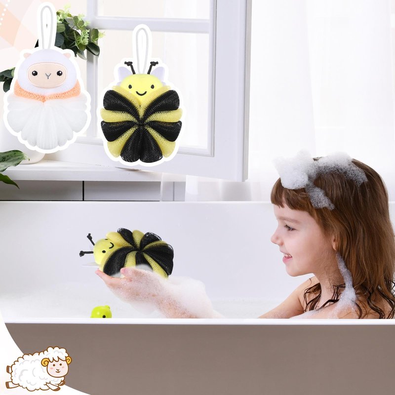 Nuenen 2 Pcs Bath Loofahs Kids Toddler Cute Cartoon Bath Sponges Loofah Pouf Body Scrubber Mesh Sponges for Children Shower Washing Exfoliating (Sheep, Bee)