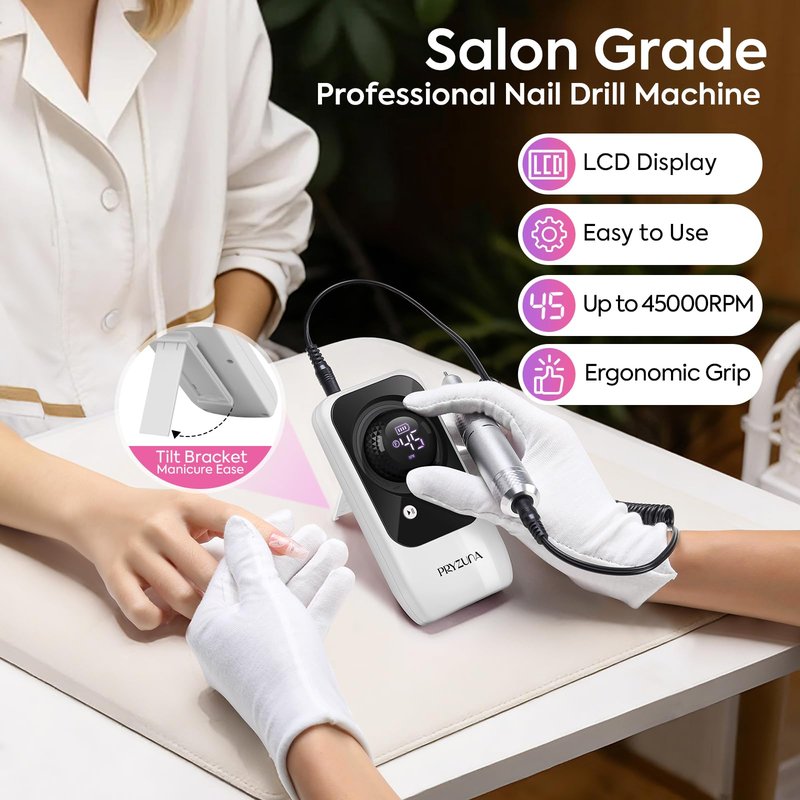 Professional Electric Nail Drill File: 45000RPM Portable Rechargeable Nail E File Machine for Acrylic Nails Gel Polishing, Cordless Efile with 7 Drill Bits, 56 Sanding Bands for Manicure Salon Home