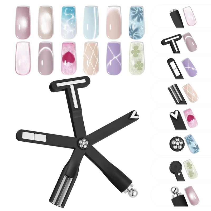 modelones 8-in-1 Cat Eye Gel Polish Magnet Tool, Magnetic Nail Art Wand for Gel Nails with Steel Ball, Glass Bead, French Tip, Clover, Heart & Swirl Effects for DIY Home Salon Manicure