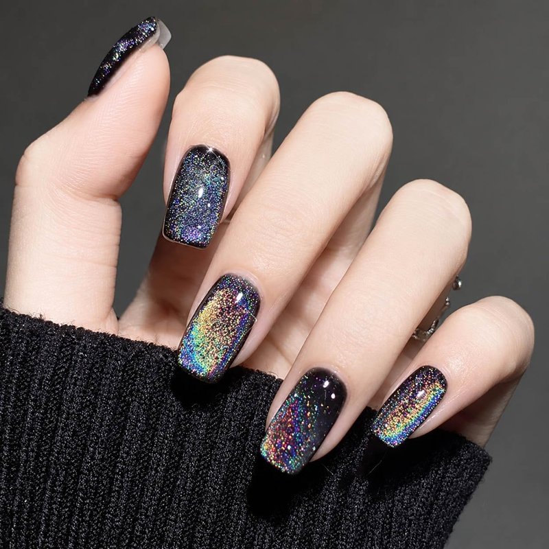 Black Chrome Metallic Cat Eye Press-On Nails | Medium Square, No Glue, Iridescent Glitter for Women